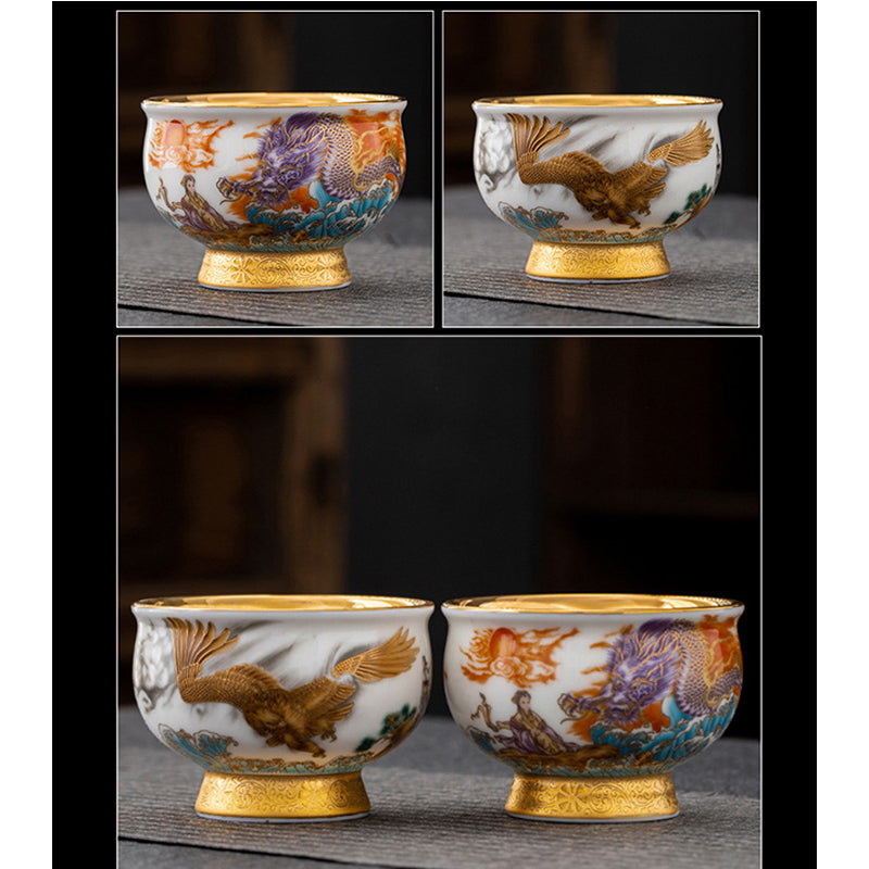 Mythstone Golden Eagle Auspicious Dragon Sun Ocean Waves Gilt Ceramic Teacup Kung Fu Tea Cup