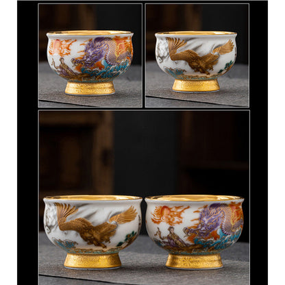 Mythstone Golden Eagle Auspicious Dragon Sun Ocean Waves Gilt Ceramic Teacup Kung Fu Tea Cup