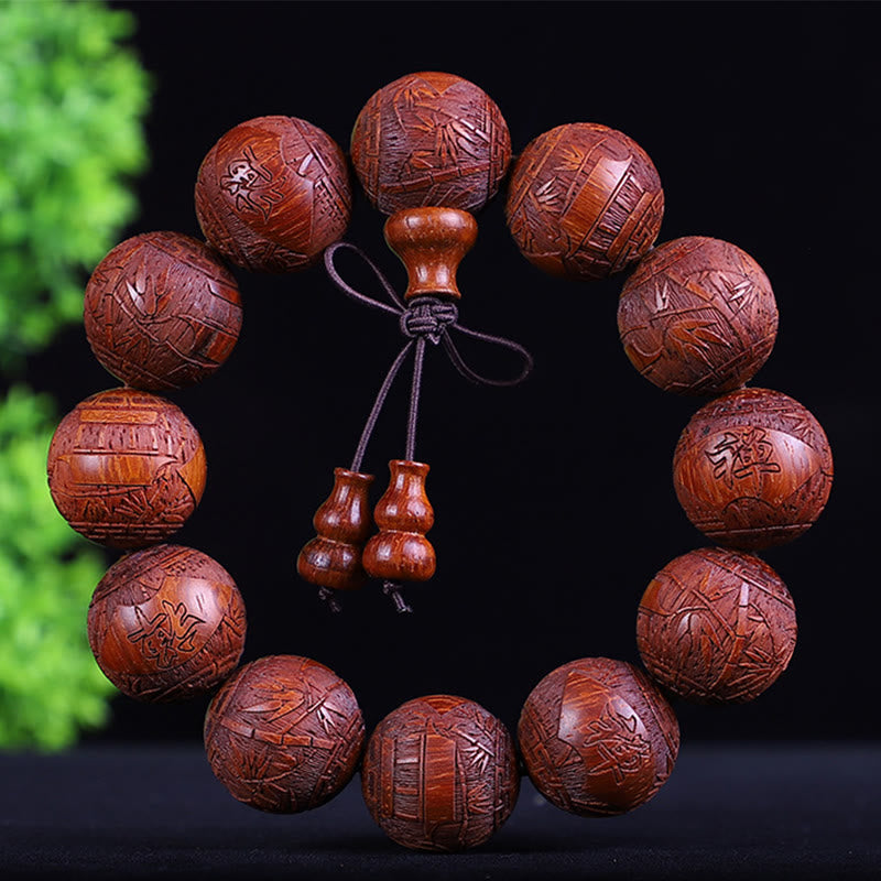 Mythstone Chinese Zodiac Rosewood Ebony Boxwood Copper Coin PiXiu Carved Warmth Bracelet