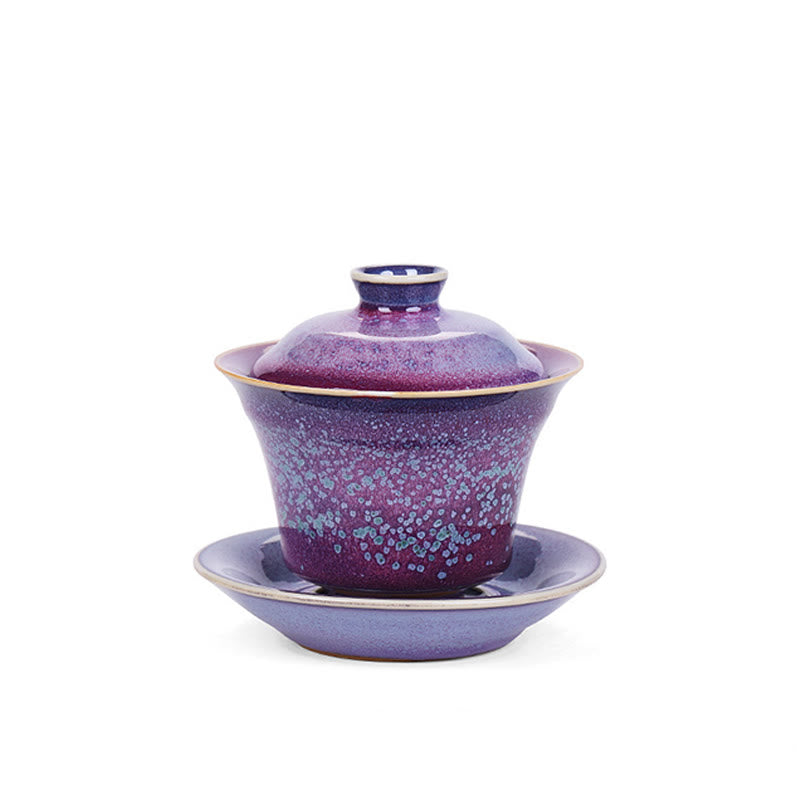 Mythstone Retro Glaze Kiln Change Ceramic Gaiwan Sancai Teacup Kung Fu Tea Cup And Saucer With Lid