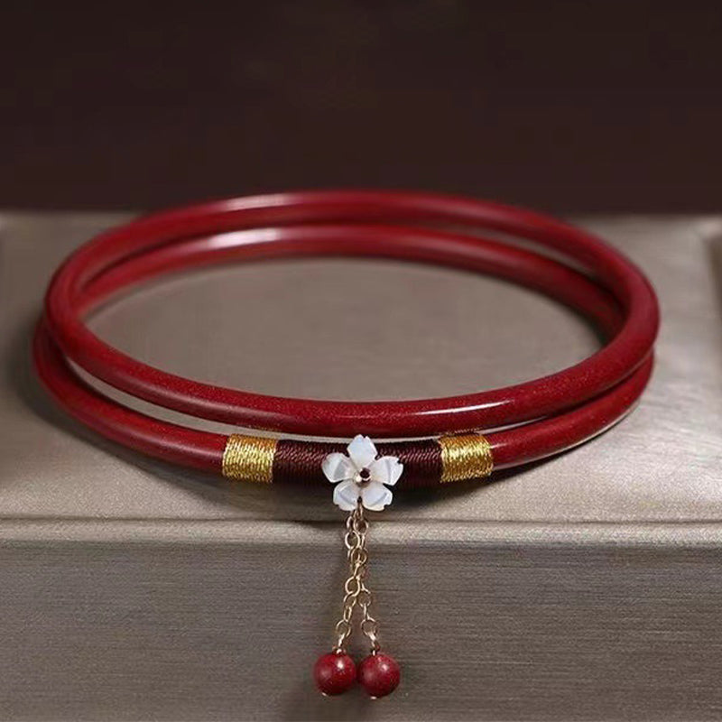 Mythstone 2Pcs Cinnabar Flower Blessing Bangle Charm Bracelet