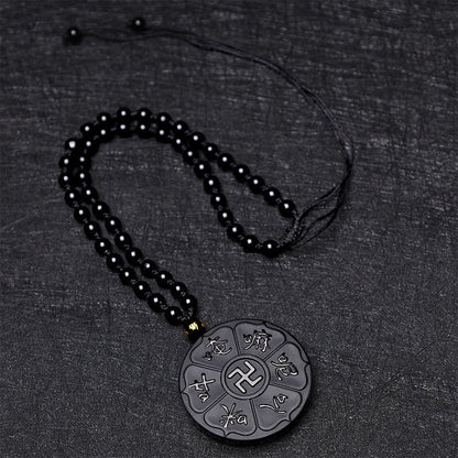 Mythstone Natural Black Obsidian Tibetan Om Mani Padme Hum Buddha Swastika Luck Necklace Pendant