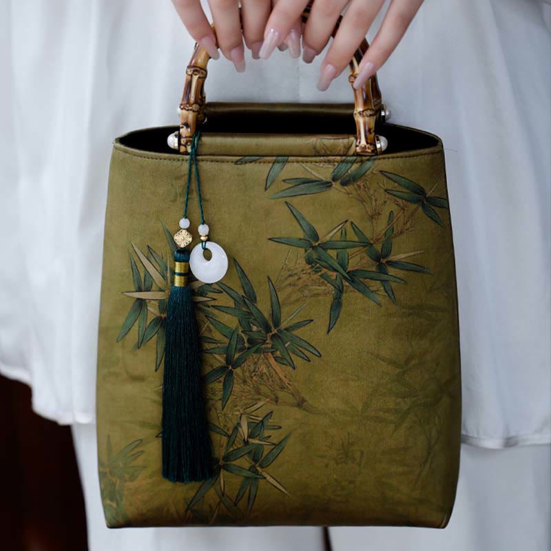 Mythstone Yellow Green Bamboo Leaves Bamboo Handles Handbag