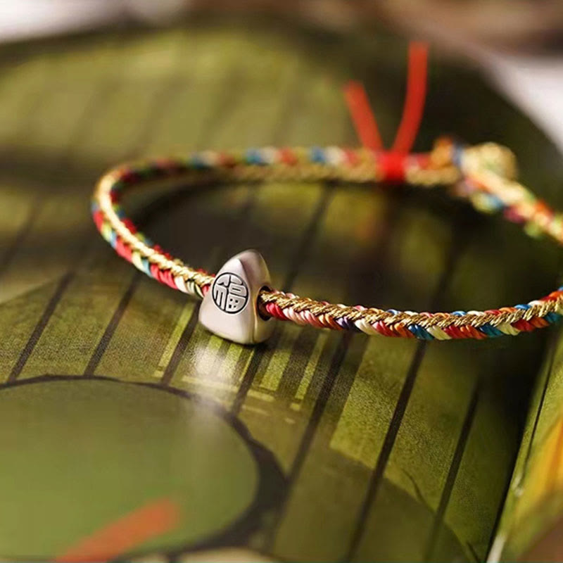 Mythstone 925 Sterling Silver Fu Character Zongzi Pattern Multicolored String Luck Handmade Braided Bracelet