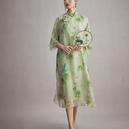 Mythstone 100% Mulberry Silk Organza Green Lotus Leaf Pink Lotus Print Qipao Cheongsam Dress