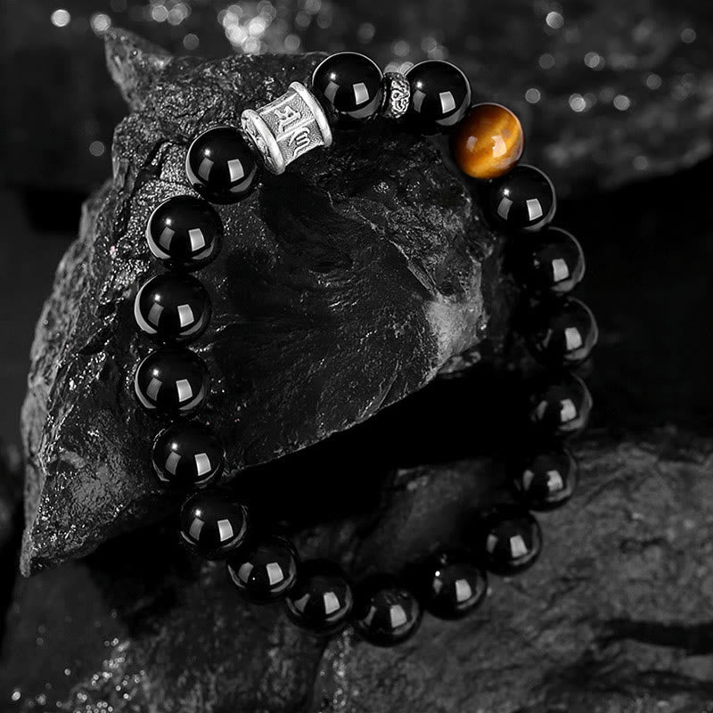 Pulsera de plata de ley 999 con obsidiana negra y ojo de tigre con Om Mani Padme Hum 