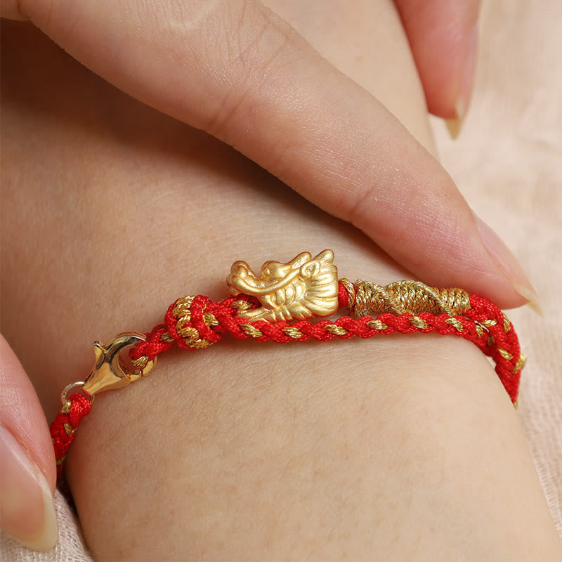 Pulsera trenzada de hilo rojo con nudo de ocho hilos y dragón de la suerte hecha a mano en plata de ley 999 de Mythstone