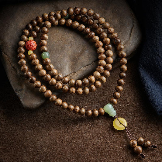 MythStone 108 Mala Beads Kalimantan Agarwood Gourd Jade Amber Balance Bracelet