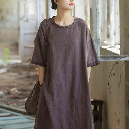 Mythstone Mid Length Dress Ramie Linen Half Sleeve Split Hem Top T-Shirt