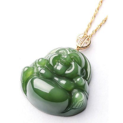 Mythstone 925 Sterling Silver Laughing Buddha Hetian Cyan Jade 18K Gold Success Necklace Chain Pendant