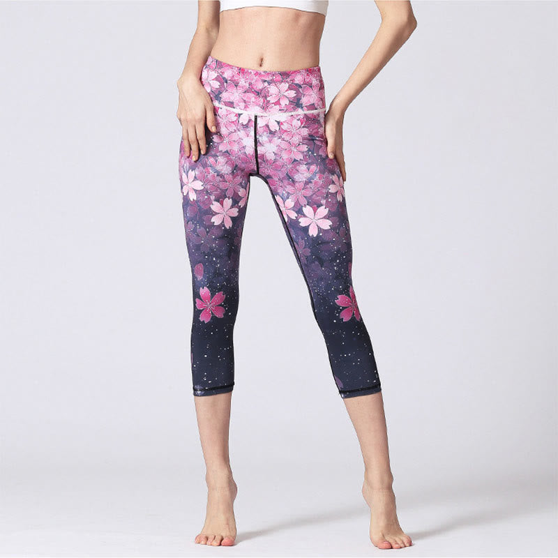 Mythstone Cherry Blossoms Sakura Lines Print Sports Yoga Cropped Leggings Women's Yoga Capri Pants