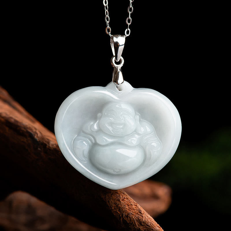 Mythstone 925 Sterling Silver Laughing Buddha White Jade Luck Blessing Necklace Pendant