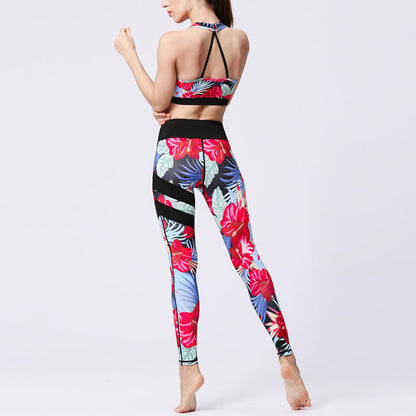 Mythstone 2Pcs Sunflower Flowers Leaves Print Top Pants Sports Fitness Yoga Women's Yoga Sets