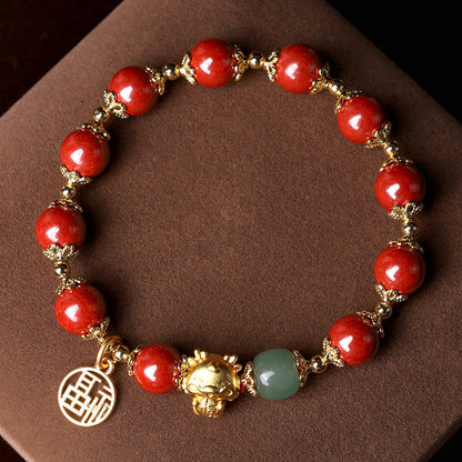 Mythstone Year of the Dragon Natural Cinnabar Fu Character Charm Blessing Bracelet