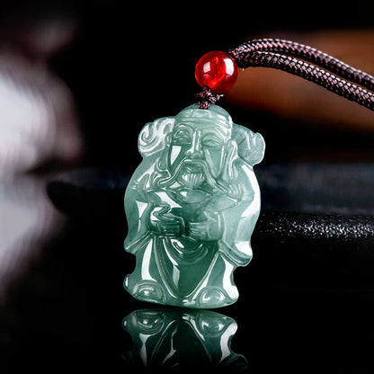 Mythstone Natural Green Jade Chinese God of Wealth Caishen Ingot Abundance Necklace Pendant