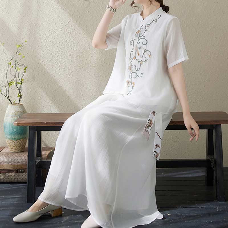 Mythstone 2Pcs Flower Embroidery Short Sleeve Tee T-shirt Wide Leg Pants Set