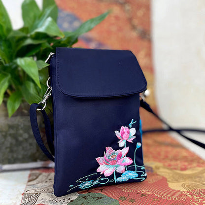 Mythstone Waterproof Handmade Embroidered Lotus Flowers Crossbody Bag Shoulder Bag Cellphone Bag