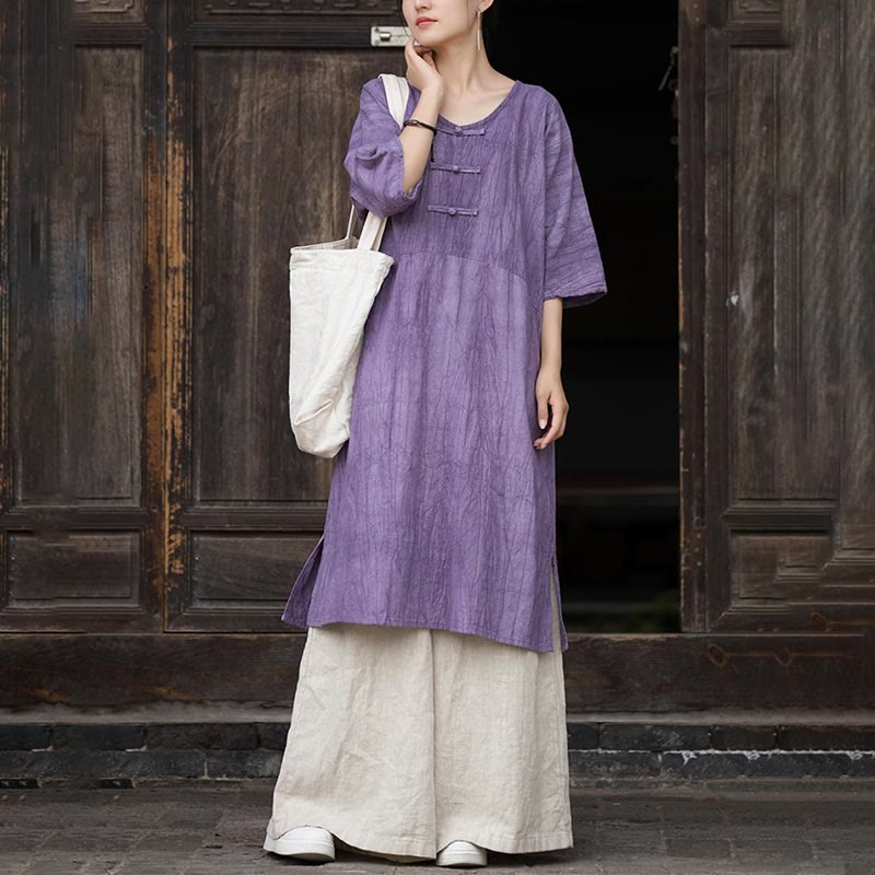 Mythstone Handmade Tie Dye Ramie Linen Frog-Button Midi Dress Wide Leg Pants With Pockets