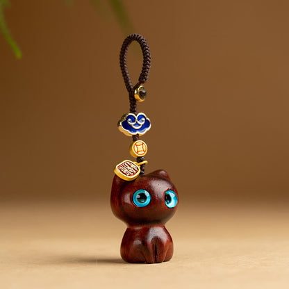 Mythstone Small Leaf Red Sandalwood Ebony Wood Lucky Cat Protection Key Chain Phone Hanging Decoration