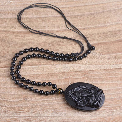 Mythstone Tibetan Obsidian Ganesh Ganpati Elephant Wealth Amulet Necklace