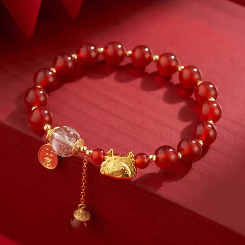 Mythstone Year of the Dragon Dumpling Natural Red Agate Garnet Hetian Jade Fu Character Luck Success Bracelet