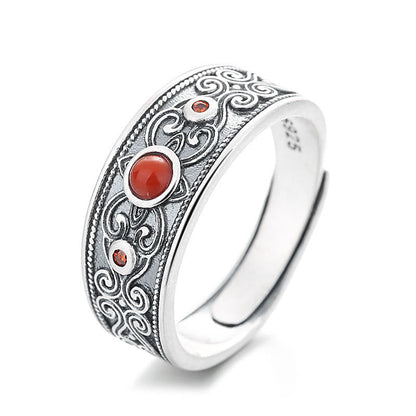 Anillo de pensamiento lógico con nubes auspiciosas y ágata roja incrustada en plata de ley 925 Mythstone 