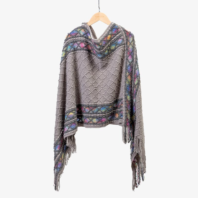 Mythstone Tibetan Colorful Striped Rhombus Pattern Shawl Tassels Pullover Winter Cozy Travel Scarf Wrap