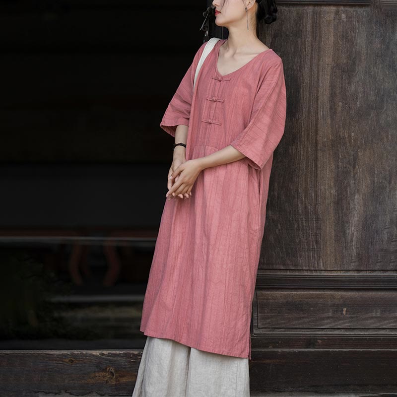 Mythstone Handmade Tie Dye Ramie Linen Frog-Button Midi Dress Wide Leg Pants With Pockets