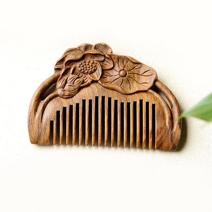 Mythstone Natural Green Sandalwood Lotus Flower Leaf Engraved Soothing Comb