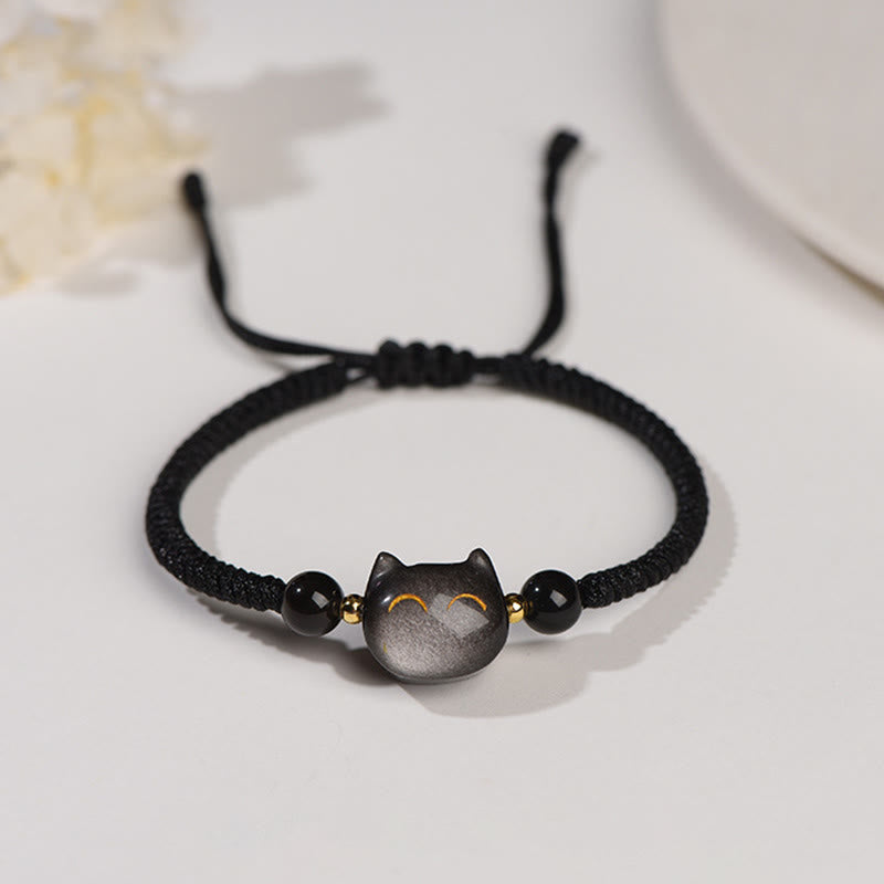 Pulsera trenzada con protección de gato linda y obsidiana con brillo de plata natural hecha a mano de Mythstone