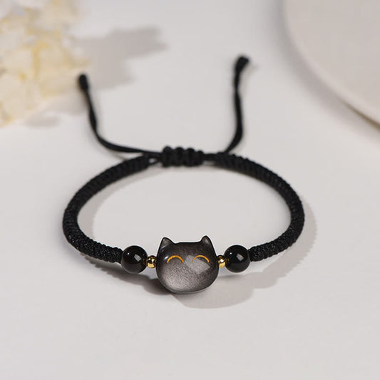 Mythstone Handmade Natural Silver Sheen Obsidian Strawberry Quartz Cute Cat Protection Braided Bracelet