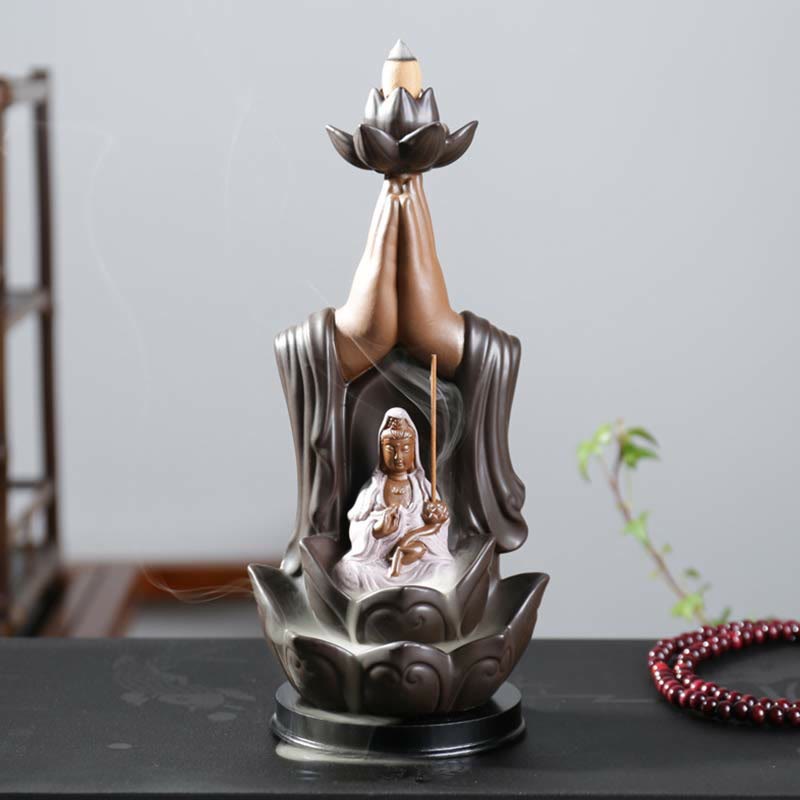 Mythstone Buddha Avalokitesvara Chenrezig Ksitigarbha Ceramic Lotus Blessing Backflow Incense Burner