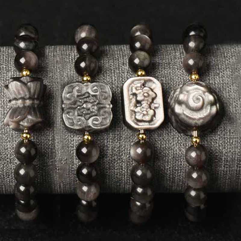 Mythstone Silver Sheen Obsidian Lotus Flower Nine Tailed Fox Laughing Buddha Protection Bracelet