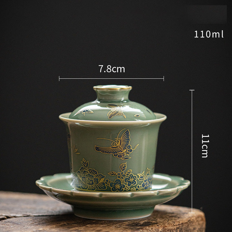 Mythstone Green Porcelain Butterfly Flower Salmon Fish Ceramic Gaiwan Sancai Teacup Kung Fu Tea Cup And Saucer With Lid