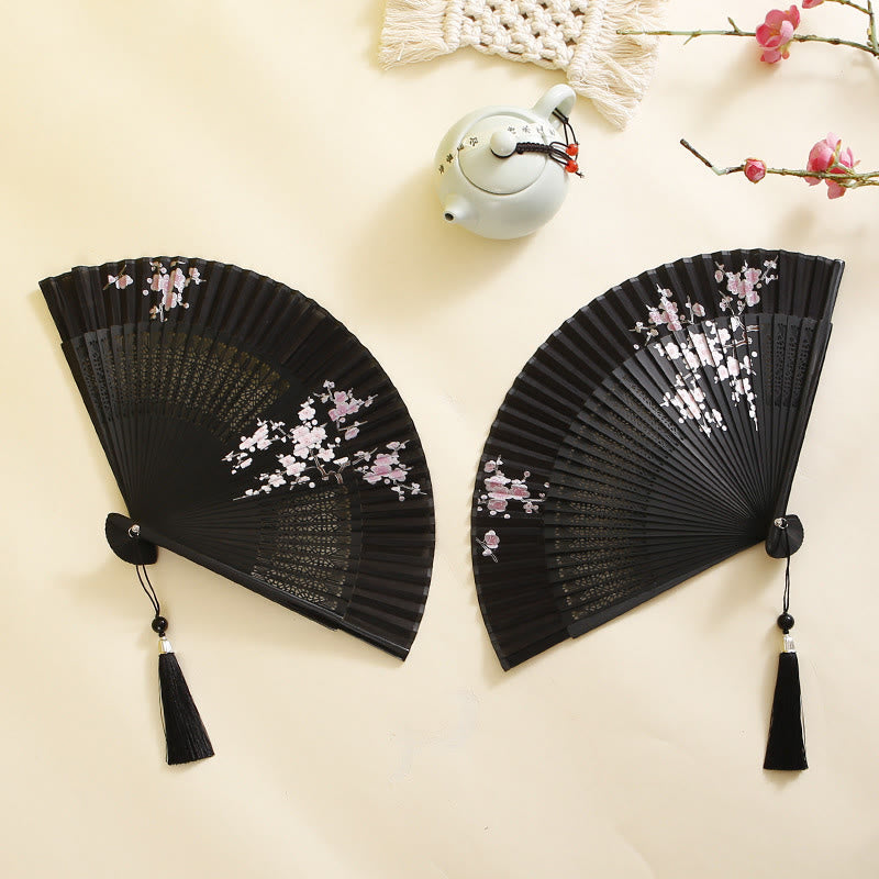 Mythstone Hibiscus Flower Plum Blossom Handheld Bamboo Folding Fan