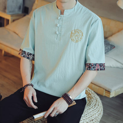 Mythstone Frog-Button Dragon Embroidery Chinese Tang Suit Short Sleeve Shirt Linen Men Clothing