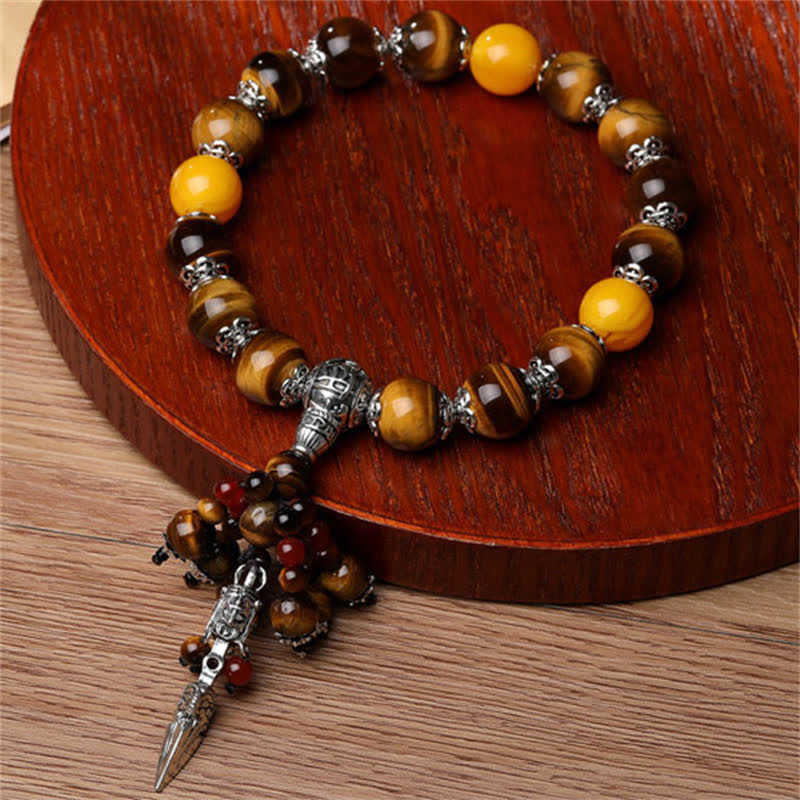 Mythstone Natural Tiger Eye Red Agate Dragon Vein Agate Stone Vajra Dorje Power Healing Bracelet Car Decoration