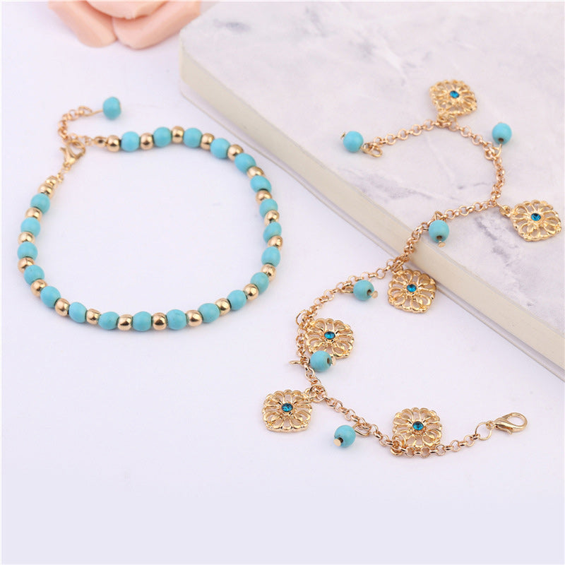 Mythstone 2Pcs Turquoise Stone Flower Protection Bracelet Anklet