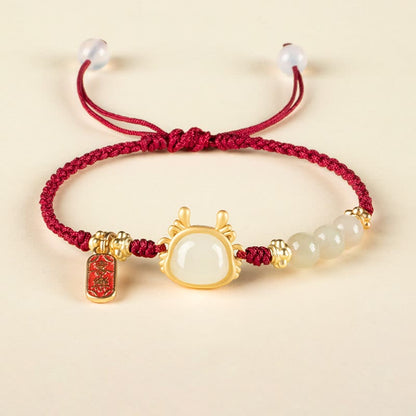 Mythstone Year of the Dragon Hetian White Jade Fu Character Peace And Joy Protection Bracelet