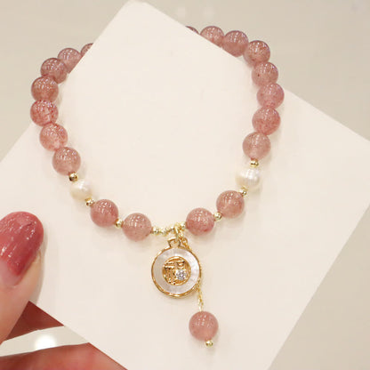 Mythstone Strawberry Quartz Pearl Elk Smiley Face Fishtail Fu Character Charm Healing Bracelet