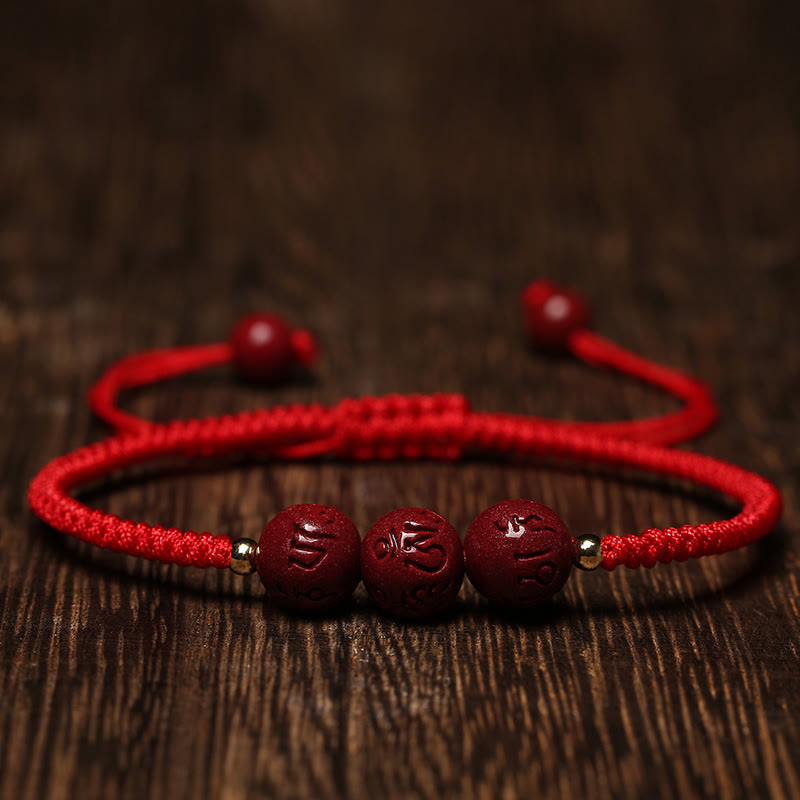 Mythstone Handmade Cinnabar Om Mani Padme Hum Engraved Beads Blessing Braided Bracelet