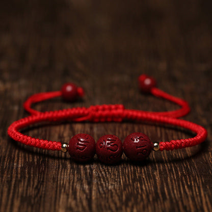 Mythstone Handmade Cinnabar Om Mani Padme Hum Engraved Beads Blessing Braided Bracelet