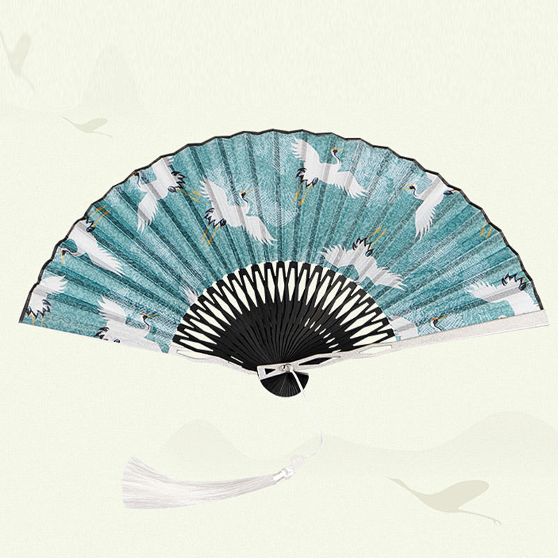 Mythstone Vintage Blue White Crane Pattern Handheld Silk Bamboo Folding Fan