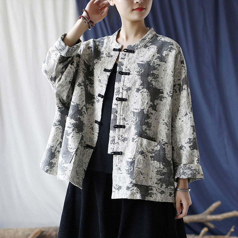 Mythstone Black Gray Print Frog-button Design Long Sleeve Cotton Linen Jacket Shirt With Pockets