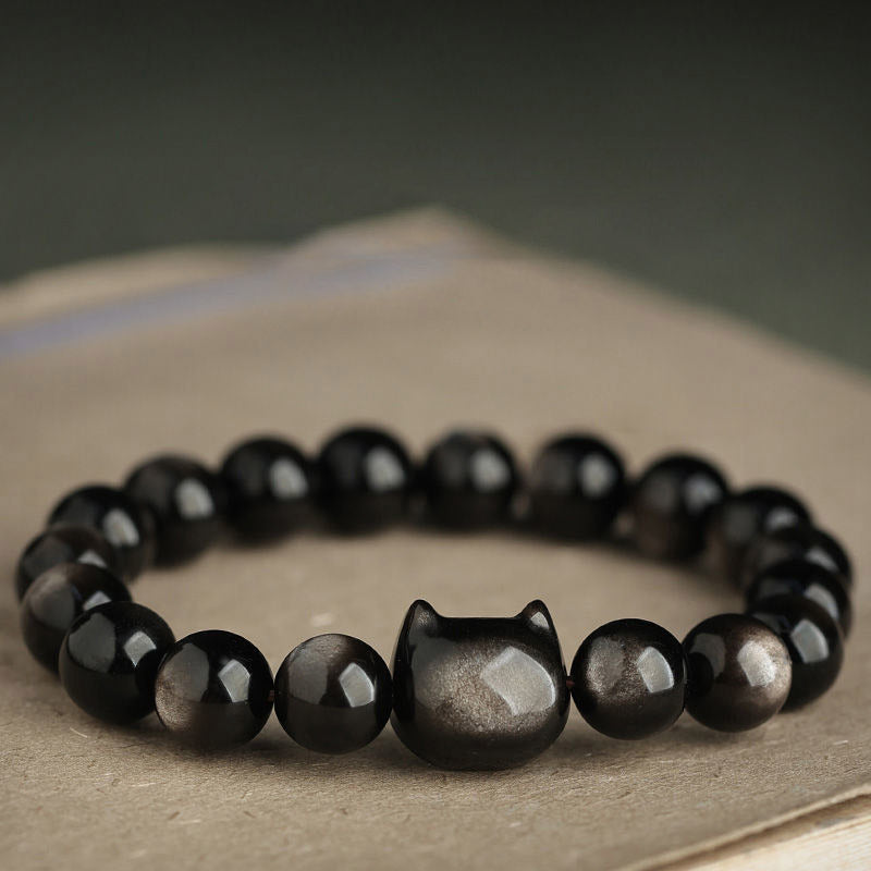 Mythstone Gold Sheen Obsidian Silver Sheen Obsidian Lovely Paw Lucky Cat Protection Bracelet