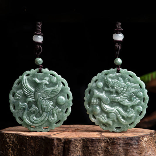 Mythstone Chinese Zodiac Dragon Phoenix Round Jade Luck Necklace String Pendant