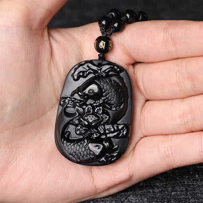 Mythstone Natural Black Obsidian Koi Fish Lotus Strength Beaded Necklace Pendant