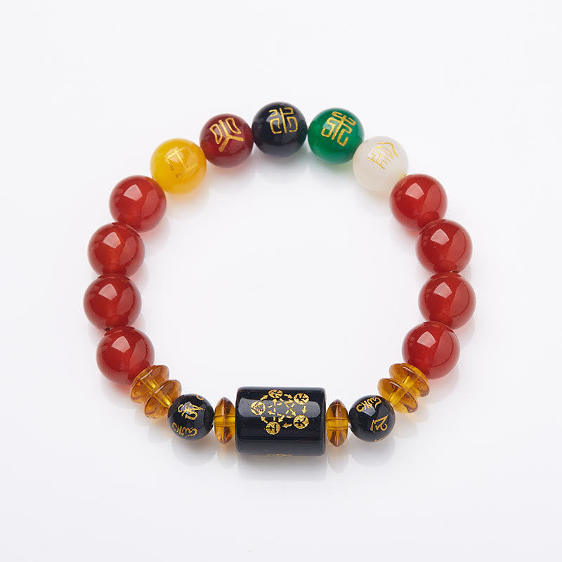 Pulsera de la sabiduría y la riqueza con ágata roja y ónix negro de cinco elementos Mythstone