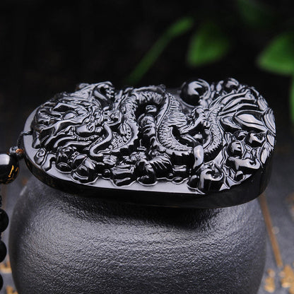 Mythstone Black Obsidian Stone Dragon Fulfilment Pendant Necklace