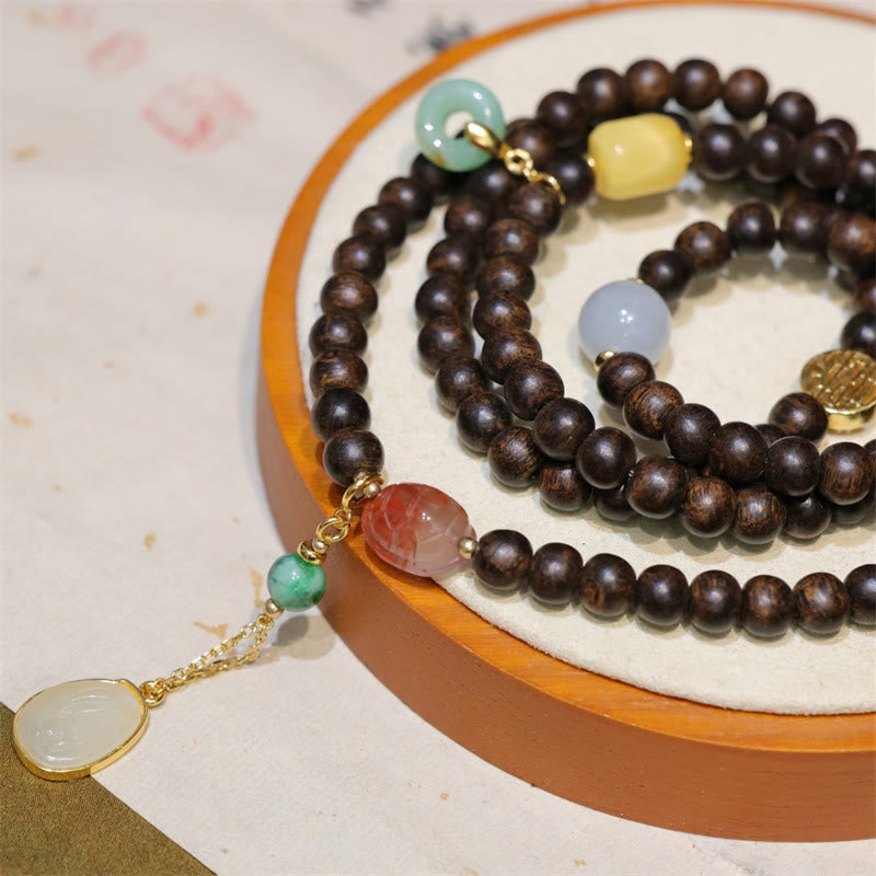 Mythstone 108 Mala Beads Brunei Agarwood Amber Red Agate Peace Buckle Jade Peace Bracelet